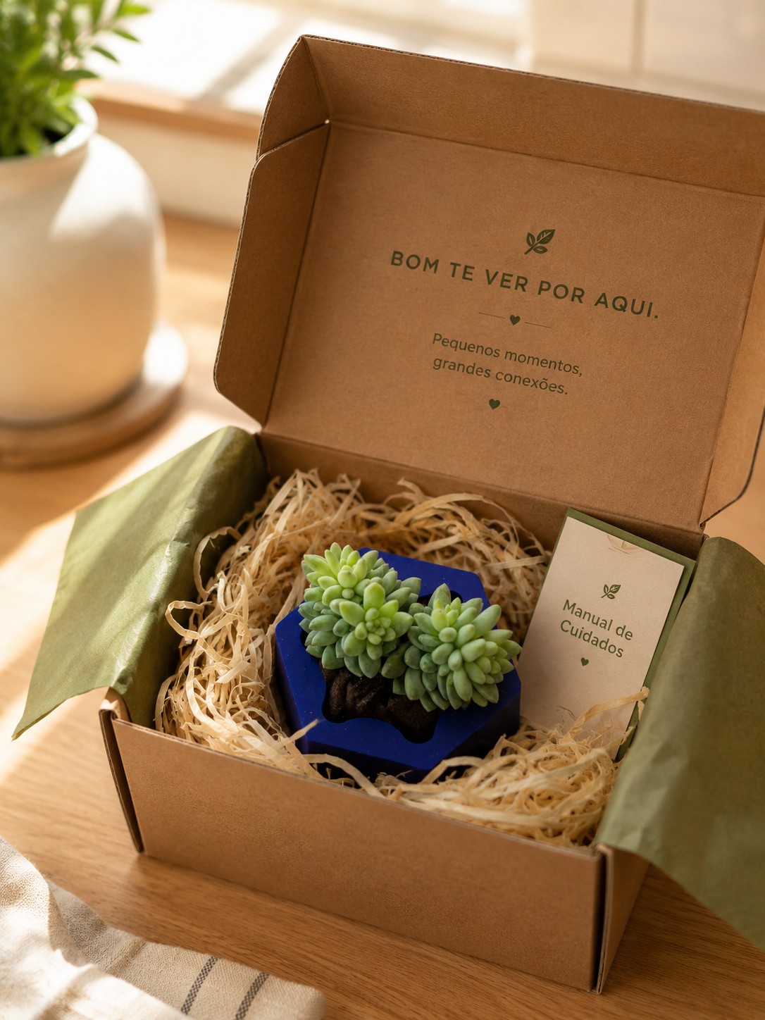Caixa-presente corporativa Plantinha de Geladeira com suculenta e manual de cuidados