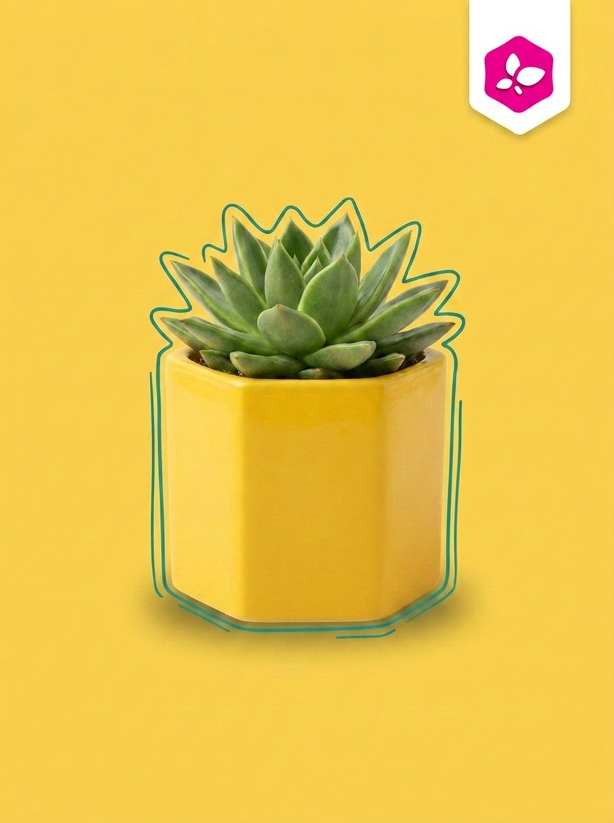 Suculenta em vaso hexagonal amarelo Plantinha de Geladeira com selo da marca